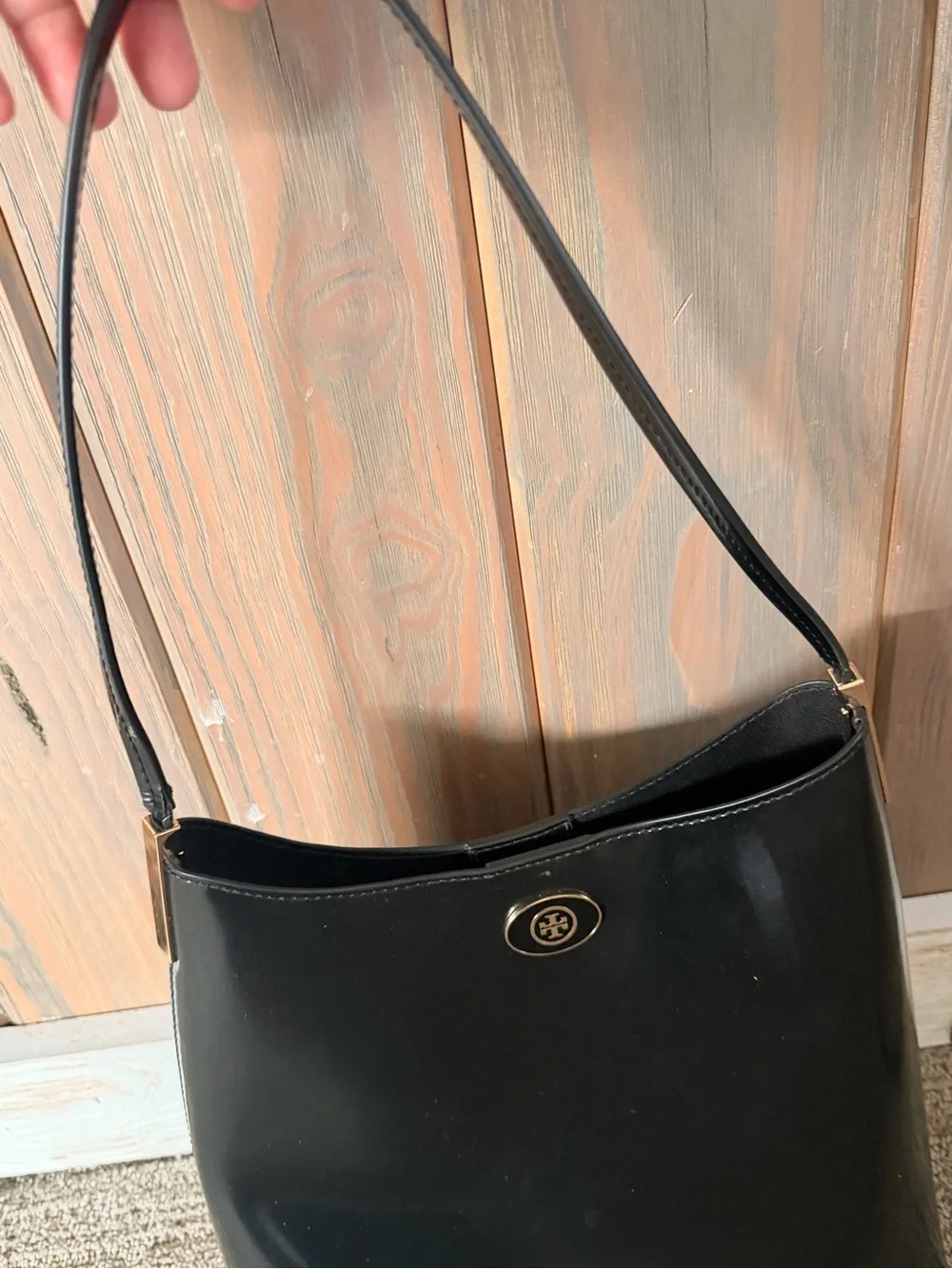 Tory Burch Black Patent Leather Shoulder Bag with Card Holder